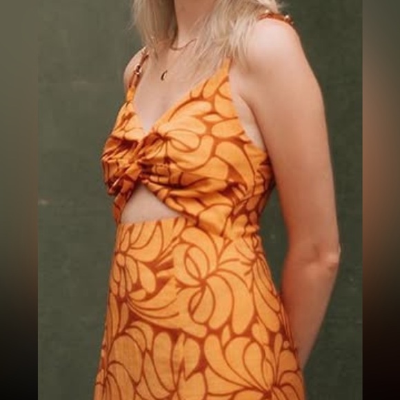 ZARA Women Cut Out Orange Floral Chain Strap Print Midi Dress - Picture 9 of 9